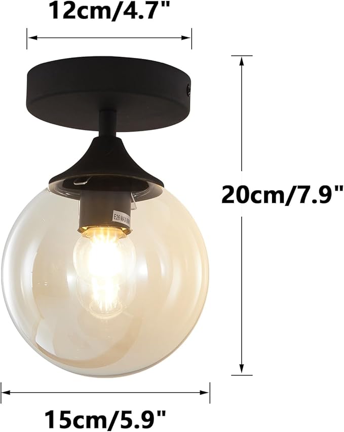 KCO Lighting Black Globe Semi Flush Mount Ceiling Light Modern Light Fixture Amber Glass Ceiling Light Rustic Bedroom Close to Ceiling Light Mid Century Modern Overhead Light