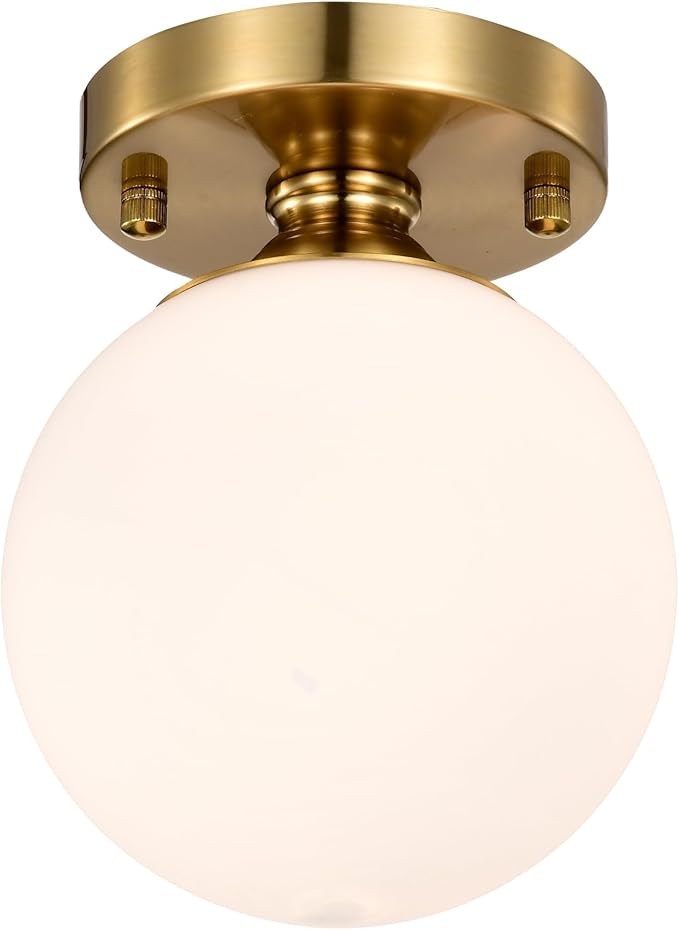 Gold Semi Flush Mount Ceiling Light 5.9" Globe Opal Glass Shade Mid-Century Modern Hallway Light Fixture for Entryway Closet Bathroom Bedroom Laundry Room Easy Install