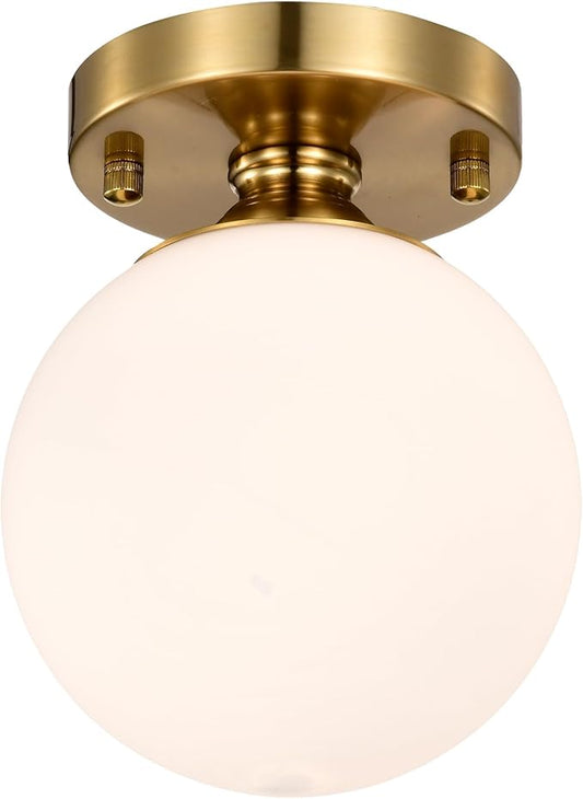 Gold Semi Flush Mount Ceiling Light 5.9" Globe Opal Glass Shade Mid-Century Modern Hallway Light Fixture for Entryway Closet Bathroom Bedroom Laundry Room Easy Install