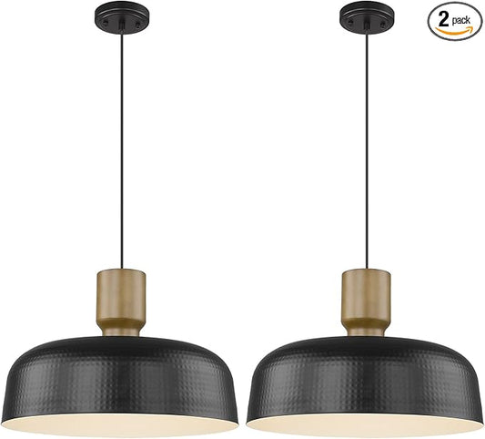 Farmhouse Pendant Lights, 2pcs Adjustable Hanging Light Fixtures with Hammered Metal Shade, 18.1 Inch Pendant Lighting for Kitchen Island, Black
