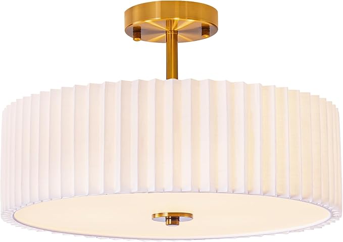 Bargeni 16.5 Inch Semi Flush Mount Ceiling Light Fixture,Gold Finish with Pleated Fabric Shade,3-Light Flush Mount Ceiling Light,Modern Light Fixtures Ceiling Mount for Bedroom,Hallway,Nursery Room