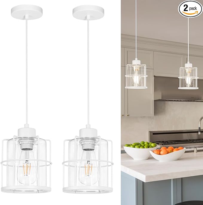 Modern White Industrial Pendant Light Fixtures Set of 2, Clear Glass Cage Pendant Light Kitchen Island, Adjustable Cord Hanging Light for Kitchen Island Decor, Over Sink Lighting Fixtures for Bathroom