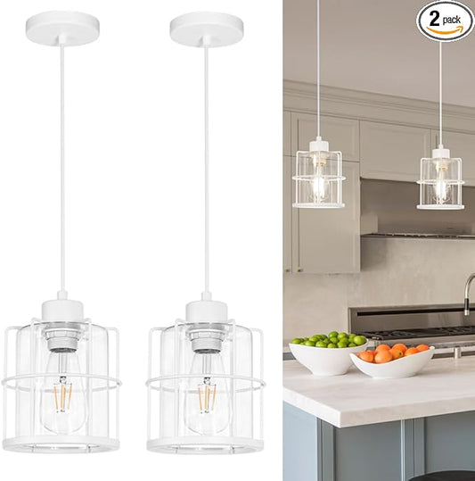 Modern White Industrial Pendant Light Fixtures Set of 2, Clear Glass Cage Pendant Light Kitchen Island, Adjustable Cord Hanging Light for Kitchen Island Decor, Over Sink Lighting Fixtures for Bathroom