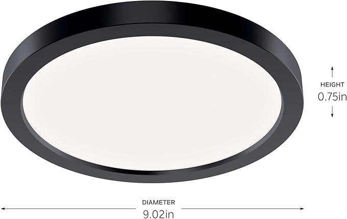 Kichler Ara 9.25" Modern Minimal Round LED Flush Mount in Black, for Damp Indoor Locations, Main Light Source, Integrated LED, Edge-Lit Technology, 1100 Lumens, Dimmable to 10%, 53009BK30