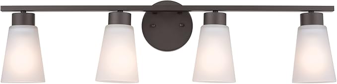 Kichler Stamos 4-Light Bathroom Vanity Light with Satch Etched Glass Shades, 26" Modern Wall Light in Olde Bronze®, (26" x 8" x 5")
