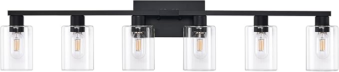 6-Light Bathroom Vanity Light Black ,Vanity Lights Rust Proof Moisture-proof Easy to Cleanwith Clear Glass Shades Large Black Bathroom Light Fixture for Bathroom for Mirror Bathroom Wall Light