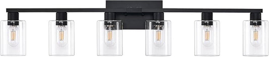6-Light Bathroom Vanity Light Black ,Vanity Lights Rust Proof Moisture-proof Easy to Cleanwith Clear Glass Shades Large Black Bathroom Light Fixture for Bathroom for Mirror Bathroom Wall Light