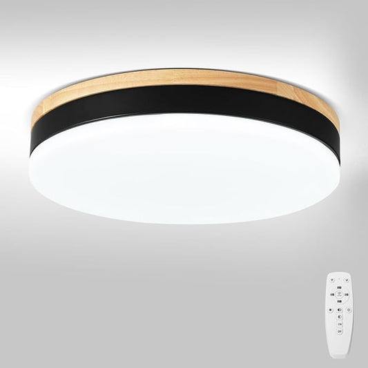 Dimmable Wood LED Flush Mount Ceiling Light with Remote, 24W 3CCT 3000K-6500K Adjustable Close to Ceiling Light Fixture, 11.8inch Black Round Ceiling Lamp for Kitchen, Bedroom, Living Room