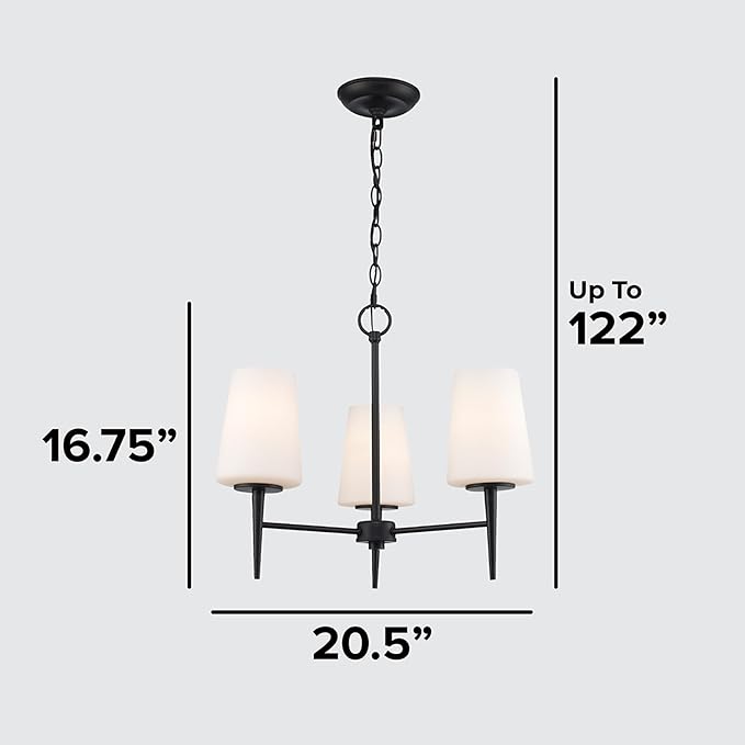 Montgomery 3-Light Chandelier | Black Finish with White Frosted Glass Shade | Adjustable Hanging Height to 82.75" | Uses E26 Medium Base Bulb