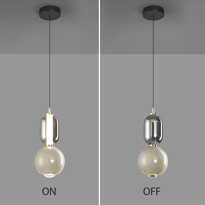 Modern Glass Pendant Light, Griege Pendant Lighting LED Dimmable, Adjustable Pendant Lights Kitchen Island Dinning Room,Bedroom,Bar, Kitchen Island Ceiling Hanging Light Fixtures(1-Pack)