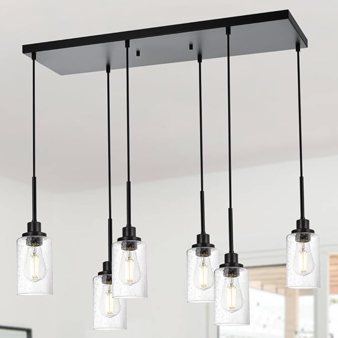 TODOLUZ 6-Lights Black Kitchen Island Light, Linear Pendant Lighting Fixtures with Seeded Glass, Farmhouse Dining Room Chandelier Hanging Lights for Restaurant Living Room