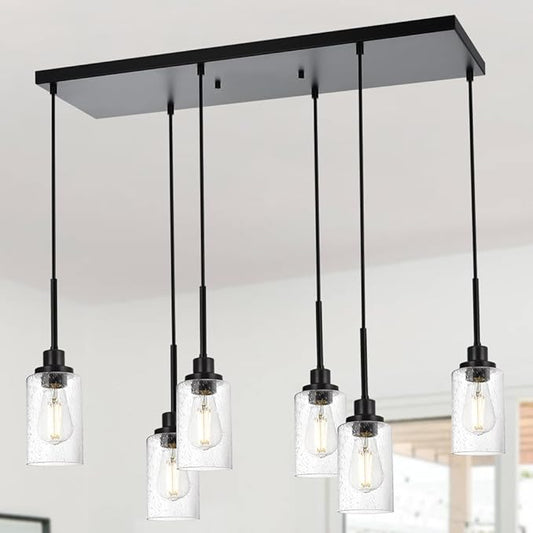 TODOLUZ 6-Lights Black Kitchen Island Light, Linear Pendant Lighting Fixtures with Seeded Glass, Farmhouse Dining Room Chandelier Hanging Lights for Restaurant Living Room