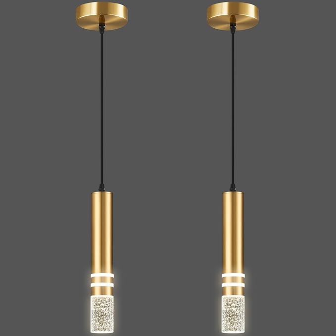 Pendant Lights Kitchen Island, Crystal Pendant Light Fixtures Mini 6W LED Modern Kitchen Pendant Lighting Over Sink and Living Room and Bedroom (Gold 2 Pack)