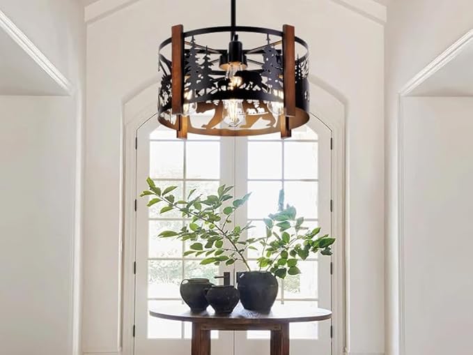 Farmhouse Rustic Bear Ceiling Light Fixtures, 4-Light Round E26 Base Black Metal Wooden Fixture for Kitchen, Living Room,Foyer, Bedroom, Hallway-‎16.5" L* 16.5" W * 11.8" H
