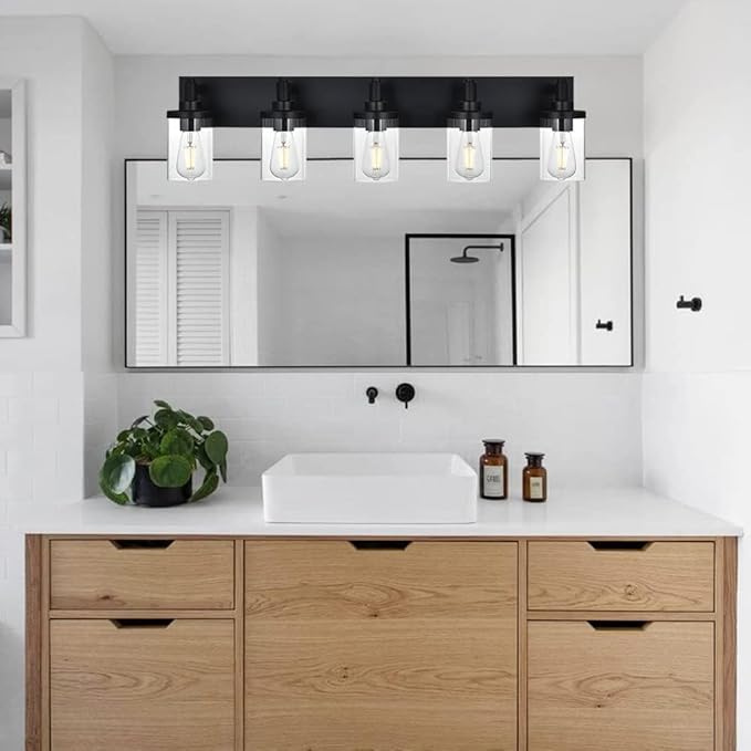 Black Modern Vanity Light for Bathroom,5-Light Bathroom Lighting Fixtures Over Mirror with Clear Glass Shade Wall Mount Light Fixture, E26 Metal Wall Lights for Hallway Kitchen Living Room