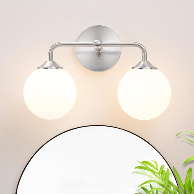 Modern Brushed Nickel 2-Lights Bathroom Vanity Lights, Bathroom Lighting Fixtures Over Mirror with Milk White Globe Glass Shade, Elagant Wall Sconces for Dressing Table Bedroom Living Room