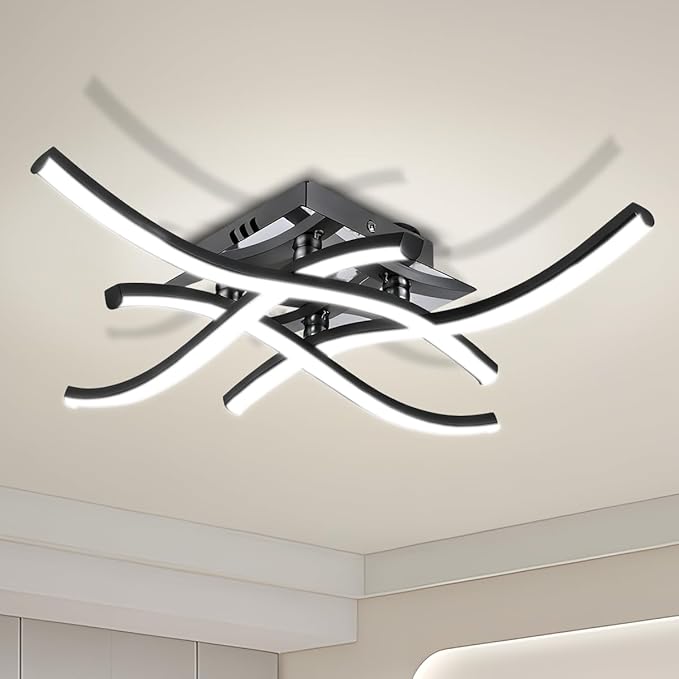 27.5Inch Modern LED Ceiling Light Fixture, 24W Curved Wave Ceiling Lamp for Bedroom, Kitchen, Hallway, Foyer Library Dining Room Black Modern Ceiling Light Fixture