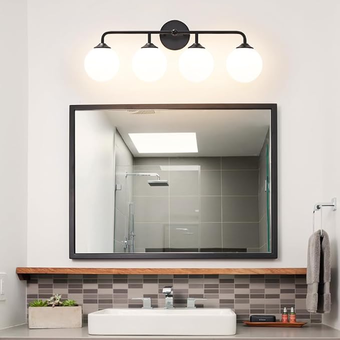 4-Lights Black Vanity Lights with Milky White Globe Glass Shade, Industrial Bathroom Wall Sconces Light over Mirror, Vanity Lighting Fixture for Bathroom Dressing Table Bedroom Living Room