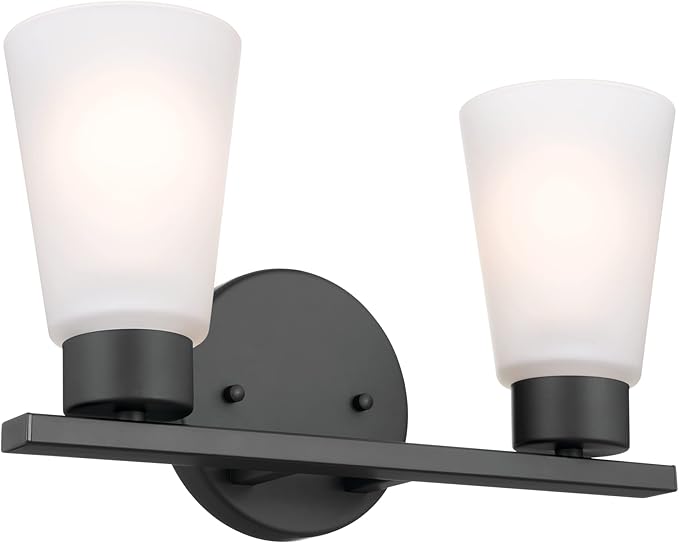 Kichler Stamos 2-Light Bathroom Vanity Light Fixture with Satin Etched Glass Shades, Modern Wall Light in Black for over Mirror Lighting Installation, 13 in x 8 in x 5 in, 55120BK
