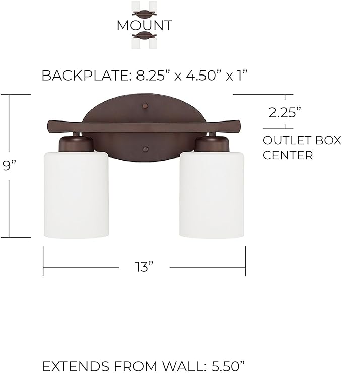 HomePlace by Capital Lighting 115221BZ-338 Dixon Modern Soft White Glass Bathroom Vanity Wall Light, 2-Light 200 Total Watts, 9" H x 13" W, Bronze