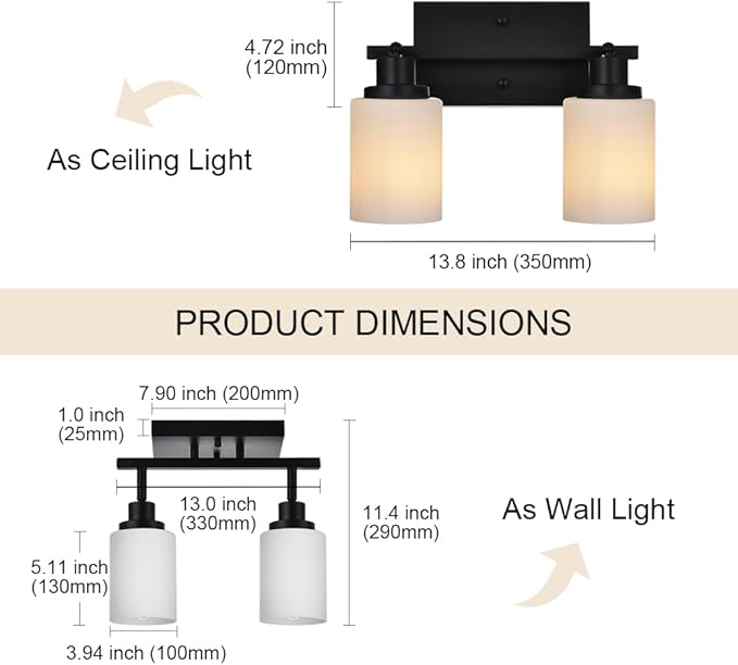 TODOLUZ Wall Sconce Track Lighting Kit, 2-Lights Wall Mounted Light Fixtures in Black Finish, Ceiling Spotlight with Opal White Glass for Bedroom Cloakroom