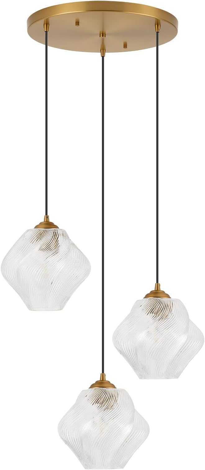 3-Light Cluster Pendant Lights, Mid Century Modern Cluster Chandelier with Ribbed Glass, Brass Gold Pendant Lighting for High Ceiling, Kitchen Island, Staircase, Dining Room, Living Room