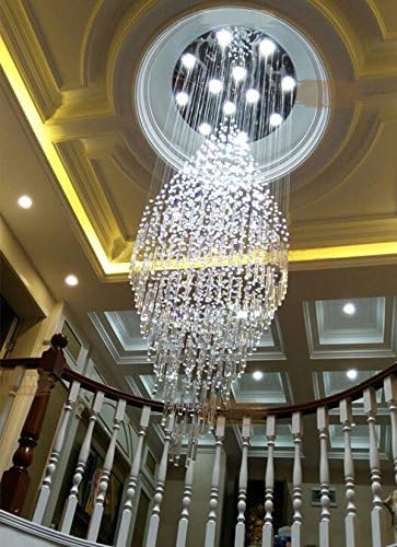 7PM W20 X H47 Modern Foyer Crystal Chandelier, 6-Lights Round LED Modern Raindrop Crystal Chandeliers Pendant Light for Hall Way Hotel Staircase Flush Mount Lighting Fixture