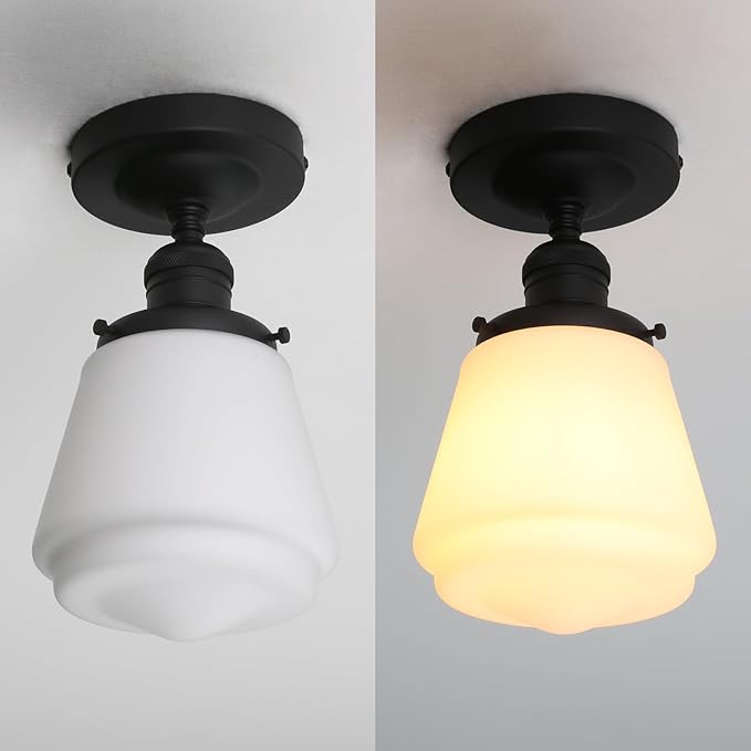 Industrial Semi Flush Mount Ceiling Light with Milk White Glass Pendant Lamp Shade, Vintage Close to Ceiling Light Fixture for Porch, Hallway, Entryway, Kitchen, Bedroom, Hotel
