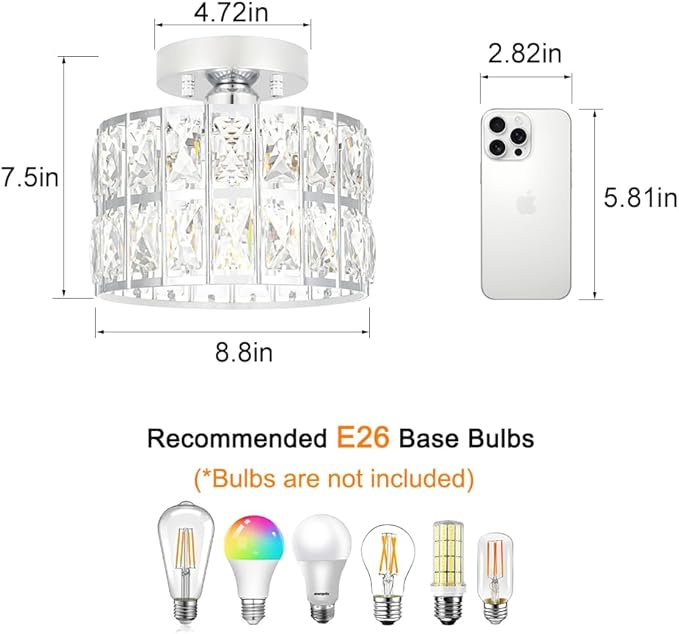 Crystal Ceiling Light Fixture, Modern Chrome Crystal Chandelier, Small Semi Flush Mount Ceiling Lighting, Round Hallway Lighting for Kitchen Entryway Bedroom Bathroom, 1-Light, 8.8 Inch