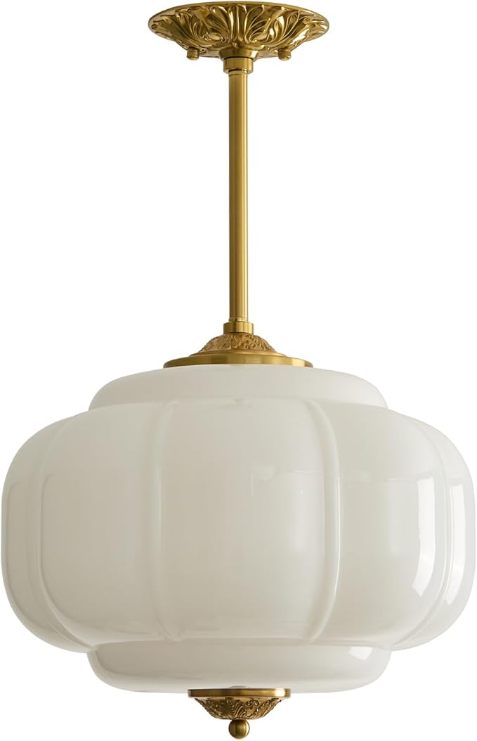 15In Milk Glass Pendant Light Adjustable Height Semi Flush Mount Pendant Light Fixture Mid Century Vintage Ceiling Light for Kitchen Dining Room Bedroom Hallway and Schoolhouse(White)