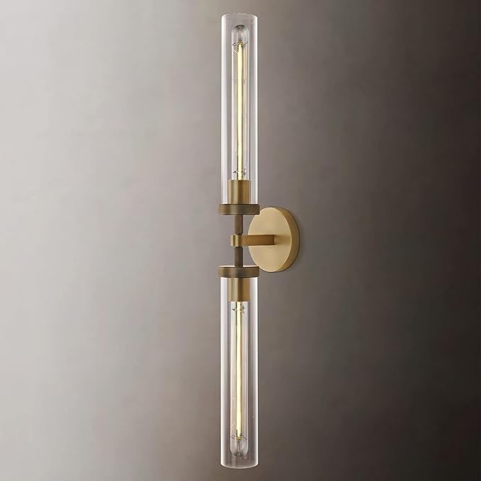 Brass Gold 2-Light Knurled Wall Sconces, 30in Double Glass Sconces Wall Lighting, Bathroom Vanity Light Sconces, Wall Lights for Living Room Bedroom Hallway Kitchen Bathroom Mirror