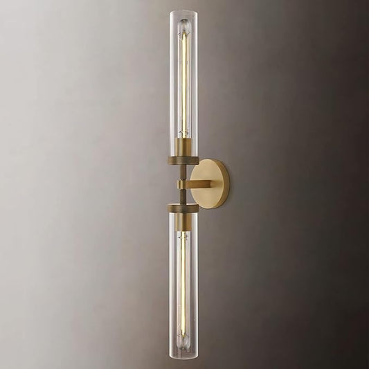 Brass Gold 2-Light Knurled Wall Sconces, 30in Double Glass Sconces Wall Lighting, Bathroom Vanity Light Sconces, Wall Lights for Living Room Bedroom Hallway Kitchen Bathroom Mirror