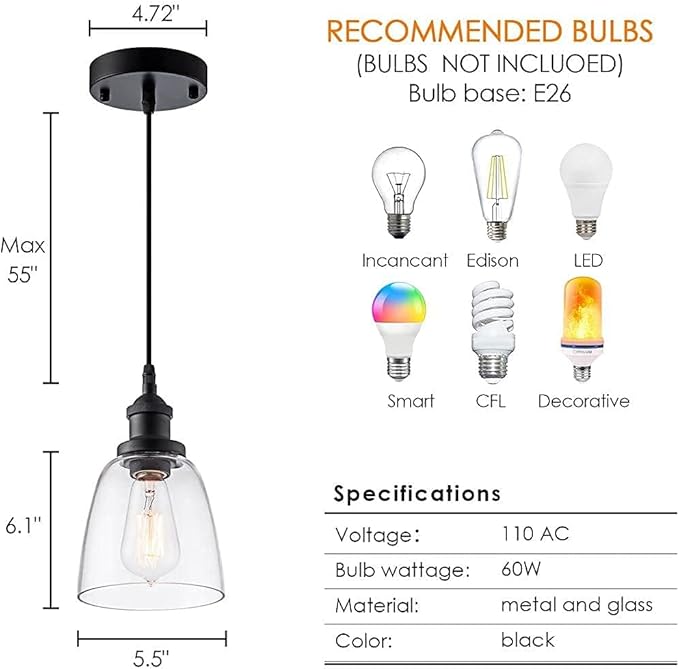 Pendant Light Over Island Hanging Lighting Industrial Clear Glass Adjustable Cord for Sink Kitchen Island Dining Room, Black, 1 Pack