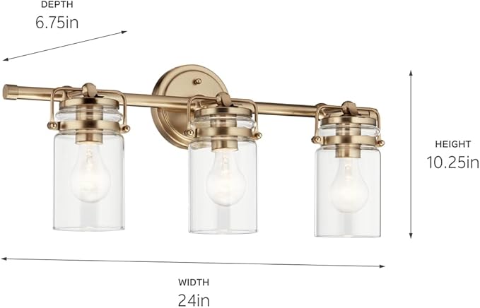 Kichler Brinley 24" 3-Light Bathroom Vanity Light Fixture with Clear Glass in Champagne Bronze, Modern Farmhouse Mason Jar Style for Mirror Lighting (24" W x 10.25" H), 45689CPZ