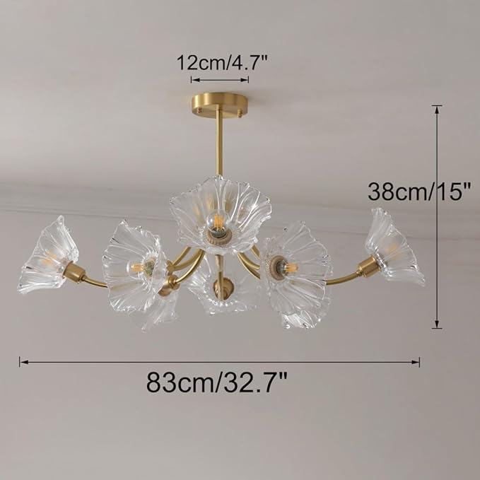 Gold Brass Ceiling Lights Fixture Semi Flush Mount Chandelier 8-Lights with Clear Glass Flower Shape Gold Mid Century Modern Ceiling Lighting for Bedroom Living Room Dining Room
