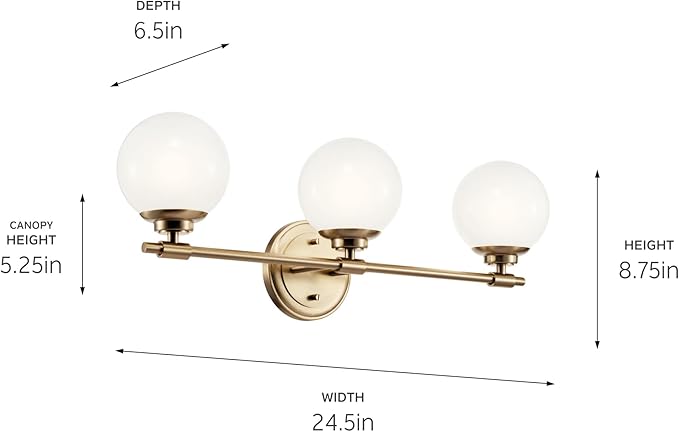 Kichler Benno 3-Light Bathroom Vanity Light Fixture, Modern Wall Mount with Opal Glass in Champagne Bronze, for Bathroom or Powder Room (8.75" x 24.5"), 55172CPZ