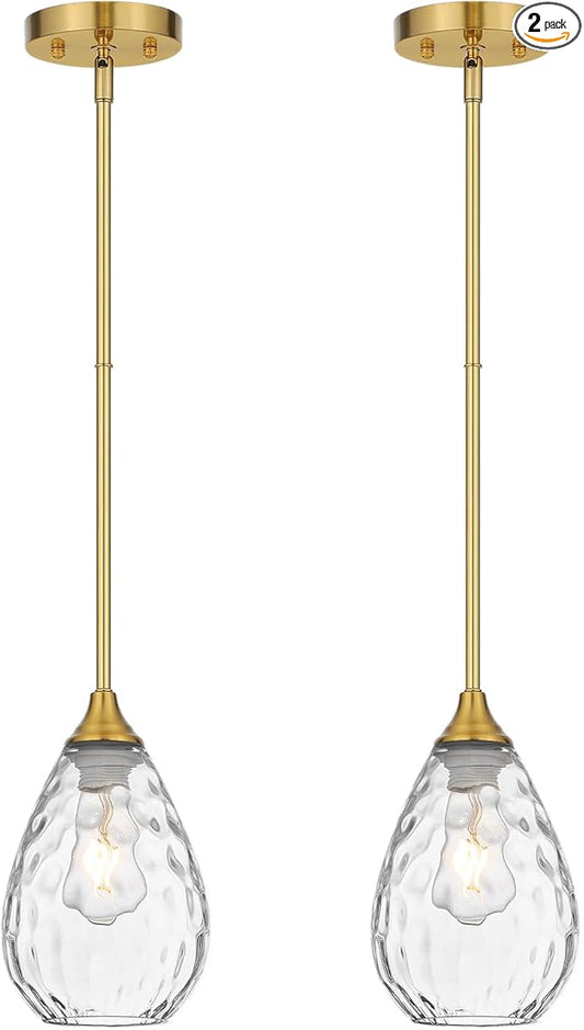 Brushed Gold Pendant Lights Kitchen Island 2 Pack, Modern Glass Pendant Light Fixtures with Hammered Glass and Rods, Adjustable Brass Hanging Light for Kitchen Sink Dining Room Bathroom