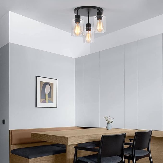 3-Light Industrial Farmhouse Black Matte Light Fixtures Ceiling Mount, with Clear Glass Shades Semi Flush Mount Ceiling Light, for Hallway Fixtures Kitchen, Foyer