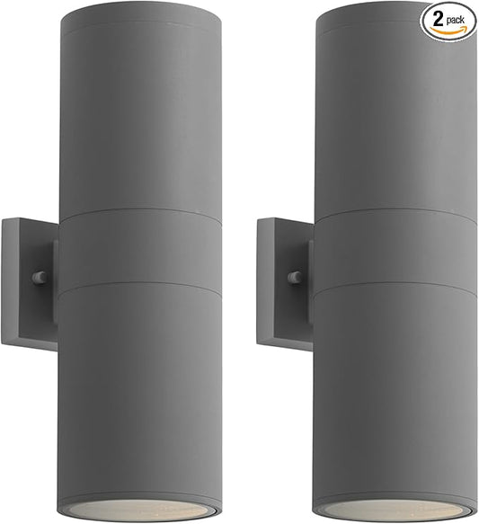 mirrea 18" Modern Outdoor Porch Light Patio Light in 2 Lights with Aluminum Cylinder and Tempered Glass Cover Waterproof Wall Sconce 2 Pack (Matte Gray)