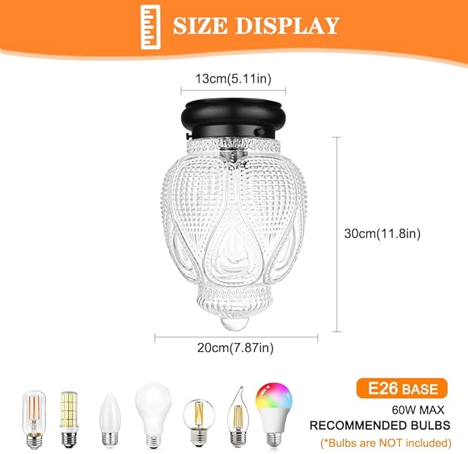 Vintage Semi Flush Mount Ceiling Light, Matte Black Hallway Lights Fixture with Clear Glass, Globe Ceiling Light Fixtures, Small Flush Mount Globe Light for Porch Corridor Bedroom