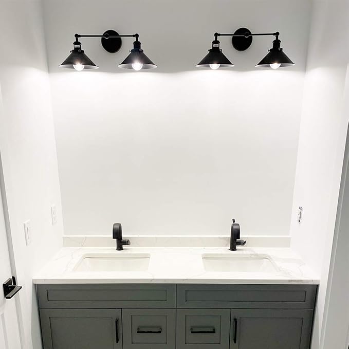 2 Lights Bathroom Vanity Light Fixture, Industrial Pipe Vintage Matte Black Metal Shade Farmhouse Wall Sconces Lighting