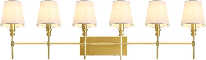 6-Light Bathroom Light Fixtures,50 in Vintage Bathroom Vanity Lights Over Mirror,Antique Brass Wall Sconce with Flared White Fabric Lampshade for Bedroom,Living Room,Foyer,Hardwired,E12 Base