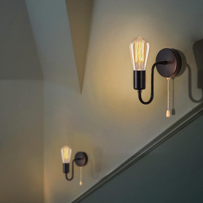 Vintage Pull Chain Wall Sconce Light with Switch Black Wall Lights Fixture Retro E26 Industrial Farmhouse Wall Lamp Hard Wired Sconces Lighting for Mirror Bedroom Bathroom Hallway (1-Light)