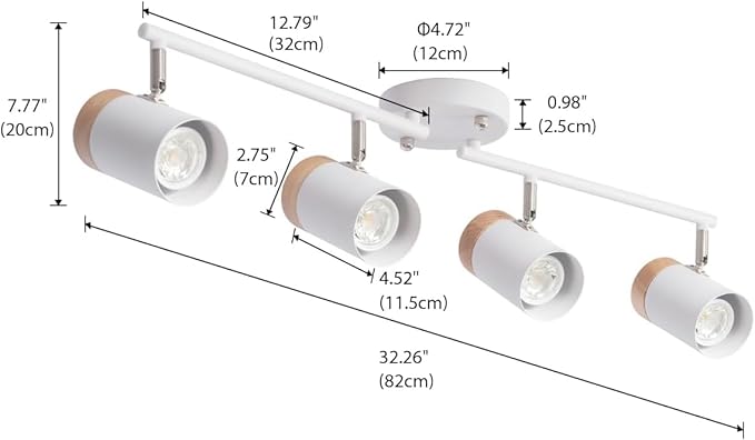 TeHenoo 32-Inch Modern Track Lighting Fixture,Natural Wood Ceiling Light with 4 Adjustable Heads, Flexible Arms for Kitchen, Bedroom, Living Room