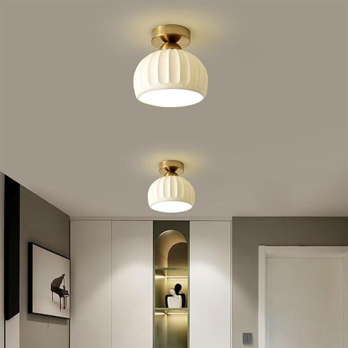 Semi Flush Mount Ceiling Light Fixtures，Small Gold Ceramic Hallway Close to Ceiling Light Farmhouse Light， Small Ceiling Light for Bedroom，Dining Room，Entryway Porch Foyer with E26 Base