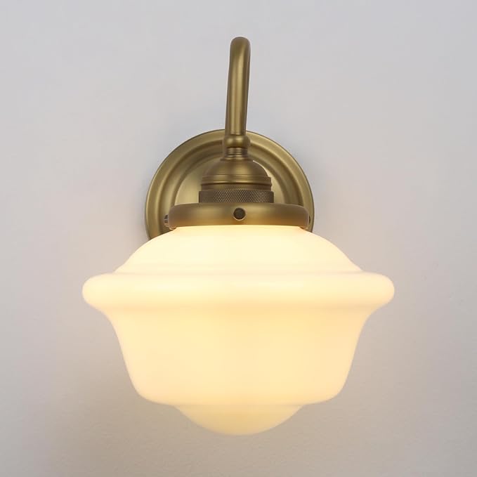 Pathson Vintage Wall Sconce with Milk White Glass, Hardwired Swan-Neck Wall Vanity Light Bathroom Sconce Fixture for Living Room, Foyer, Loft, Bedroom, Farmhouse Lamp