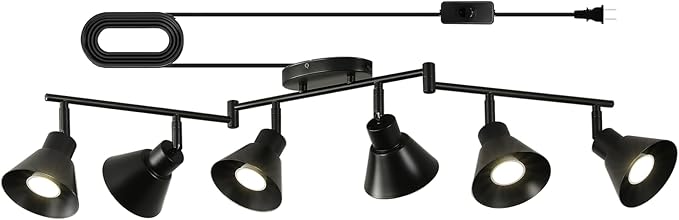 6 Light Plug in Track Lighting Kit,Modern Plug in Ceiling Light Fixture,16.4ft Cord,6 Way Ceiling Spot Lighting,Flexibly Rotatable Light Head (Black)