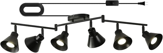 6 Light Plug in Track Lighting Kit,Modern Plug in Ceiling Light Fixture,16.4ft Cord,6 Way Ceiling Spot Lighting,Flexibly Rotatable Light Head (Black)