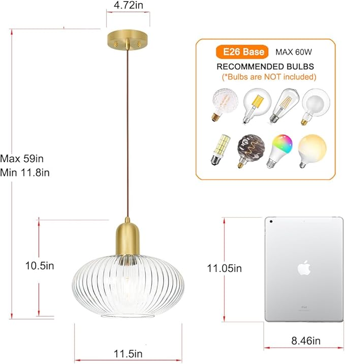 Lxybcce Mid Century Gold Pendant Light, Modern Globe Pendant Lights Kitchen Island, Minimalist Ribbed Island Light with Clear Glass, Adjustable Hanging Light Ceiling Hanging Lamp for Dining Room