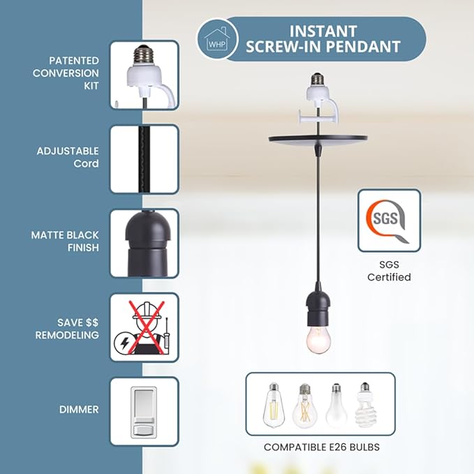 Worth Home Products Instant Pendant Conversion Kit Adapter Only 4"-6" Recessed Light Conversion Kit to Screw-in Pendant (Matte Black - Bulb Not Included)